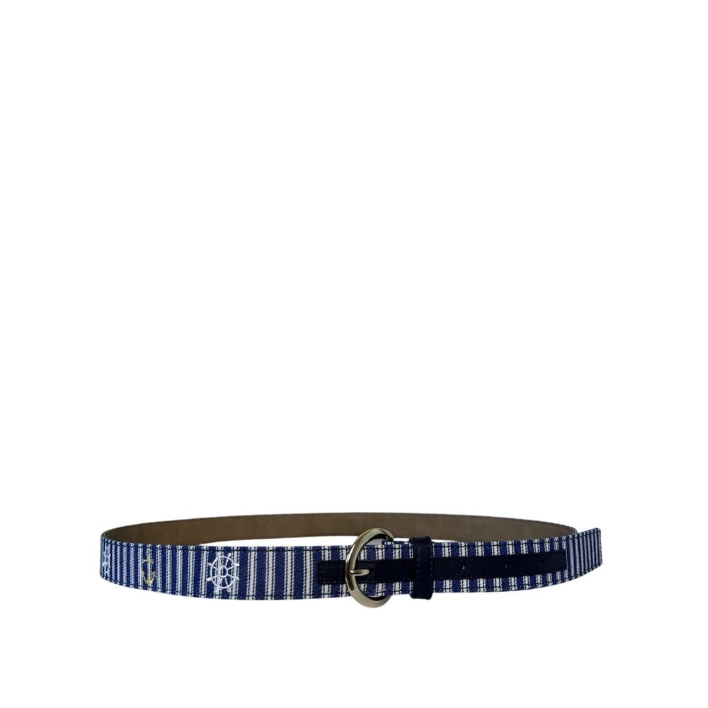 Talbots Nautical Navy White Striped Anchor Novelty Belt Leather Lining XL Preppy